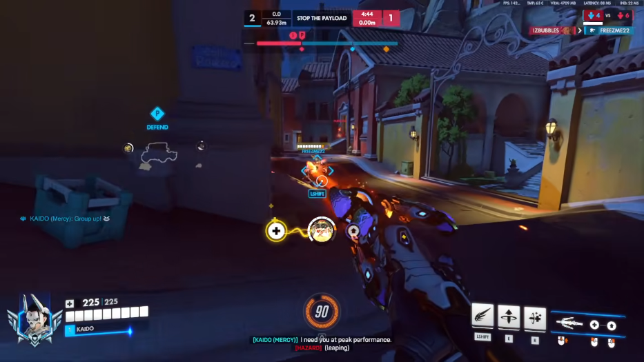 Overwatch 2 aimbot screenshot with FOV ring and enemy target markers on Mercy gameplay