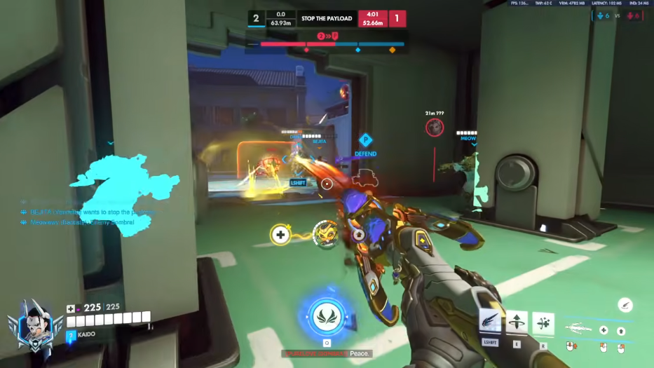 Buy Overwatch Hack — cyan ESP wallhack screenshot Overwatch 2 buy card — first-person Orisa gameplay with cyan enemy ESP outlines through walls on Circuit Royal payload