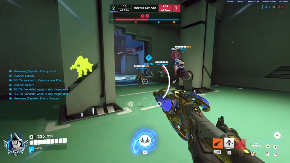 Overwatch 2 wallhack screenshot with yellow enemy silhouette visible through an interior wall
